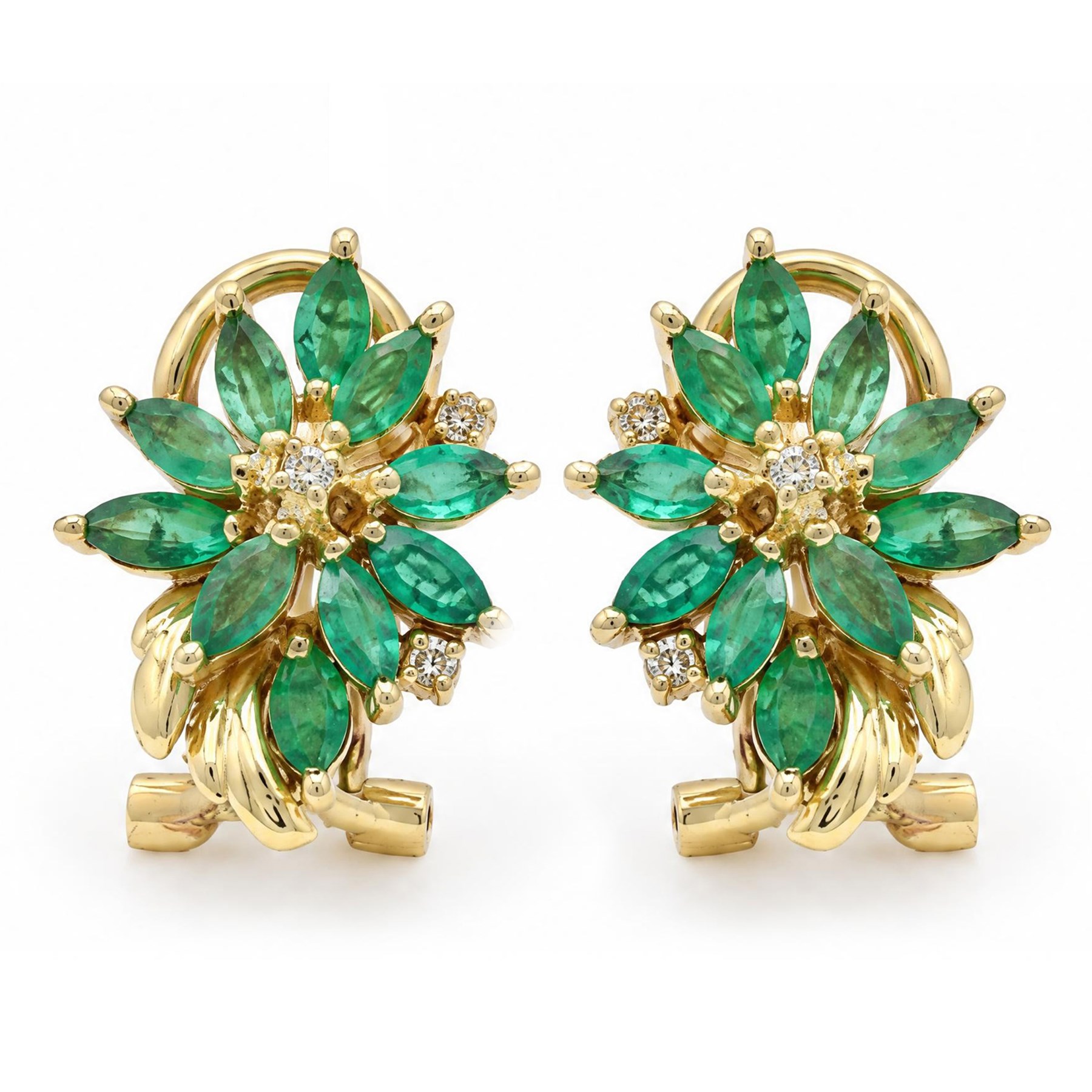 Pair of 14ct gold emerald and diamond cluster earrings, each stud set with ten marquise cut emeralds and three round cut diamond accents, stamped 14K
