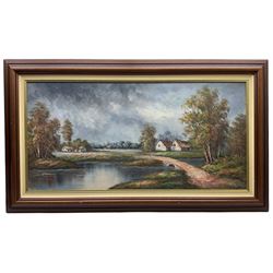 Continental School (20th century): River Landscape with Houses, oil on canvas indistinctly signed 58cm x 119cm