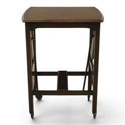 Early 20th century side table with double cake stand, rectangular moulded top, cake stands either side with support, raised on square legs terminating in castors