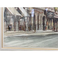 Allan Peel Tankard (British 1897-1964): London Street Scenes, set of three ink and watercolours signed and dated 1953, in matching frames, max 37cm x 55cm (3)