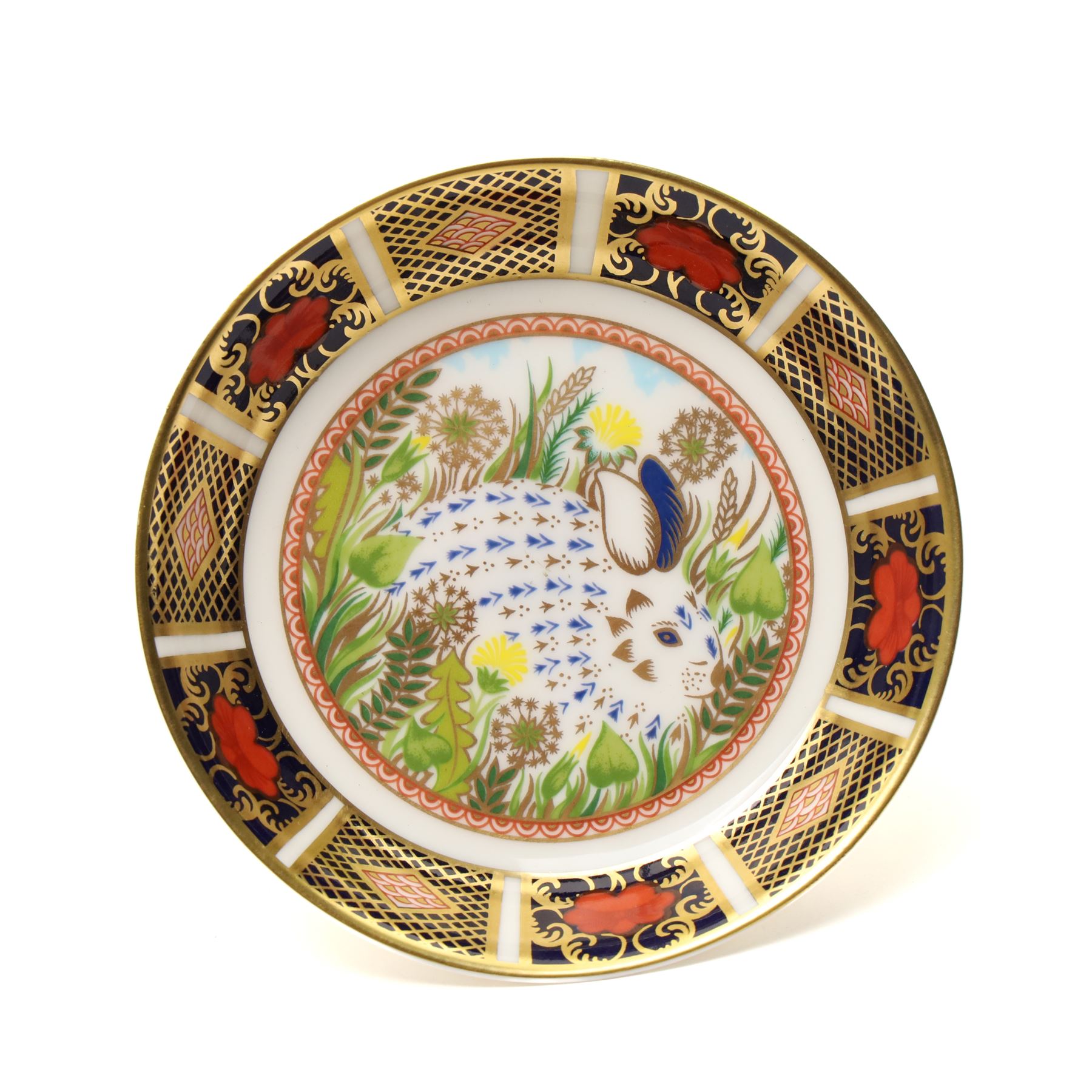 Royal Crown Derby pattern 2451 items, comprising smaller and larger coffee cans with saucers, crescent pin tray and plate (D23cm), together with a boxed Yorkshire Rose pattern plate, and a 1999 'Rabbit' year tray