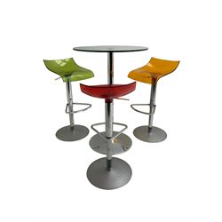 Bistro set, chrome pedestal table with glass top, and three stools, adjustable height chrome pedestal with coloured acrylic seats