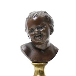 After Jean Antoine Houdon (French 1741-1828): 'Jean qui pleure' and 'Jean qui rit', laughing and crying busts of a boy on circular marble base, H11cm