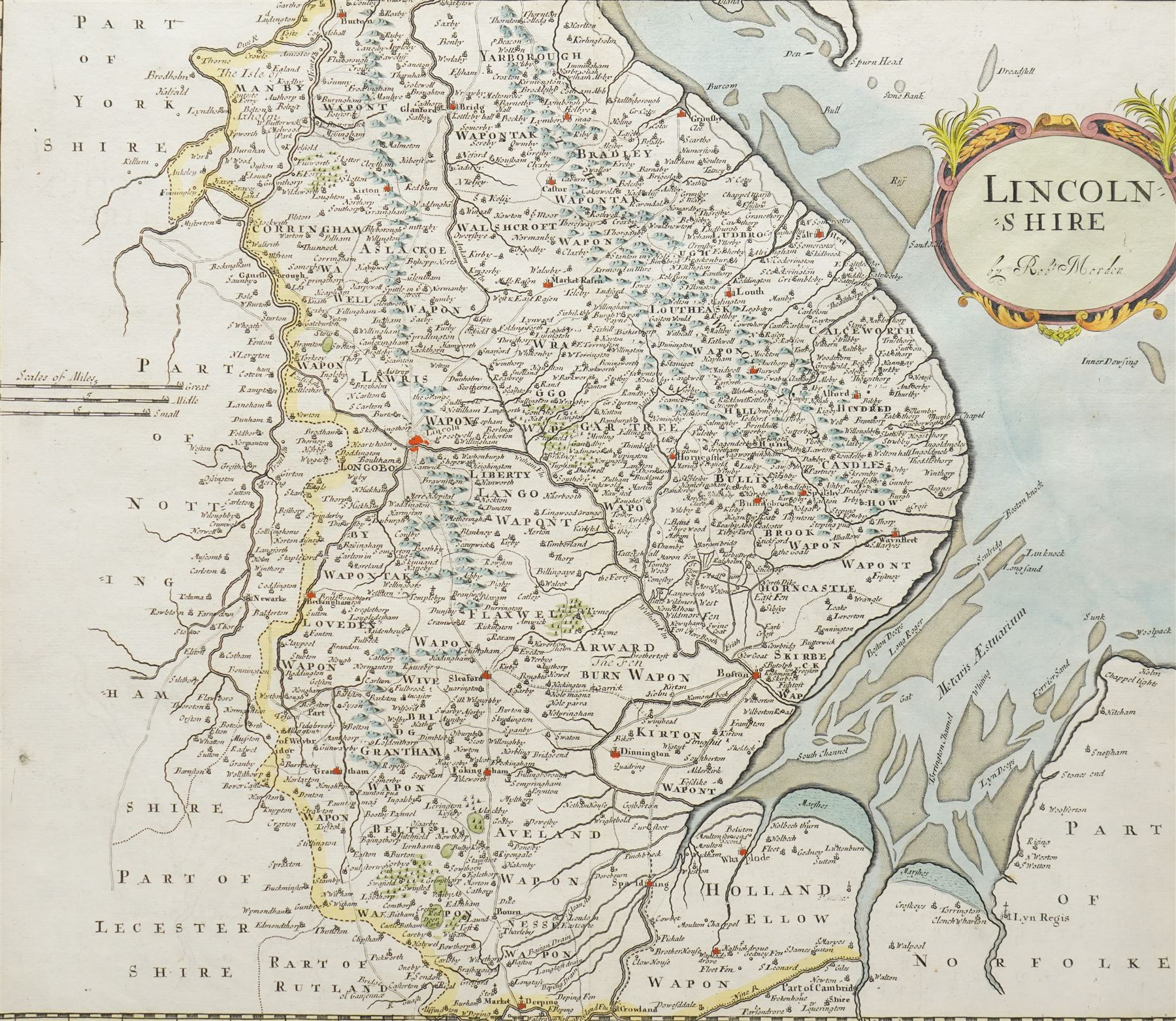 Robert Morden (British c.1650-1703): 'Lincolnshire', 17th/18th century engraved map with hand-colouring 37cm x 43cm
