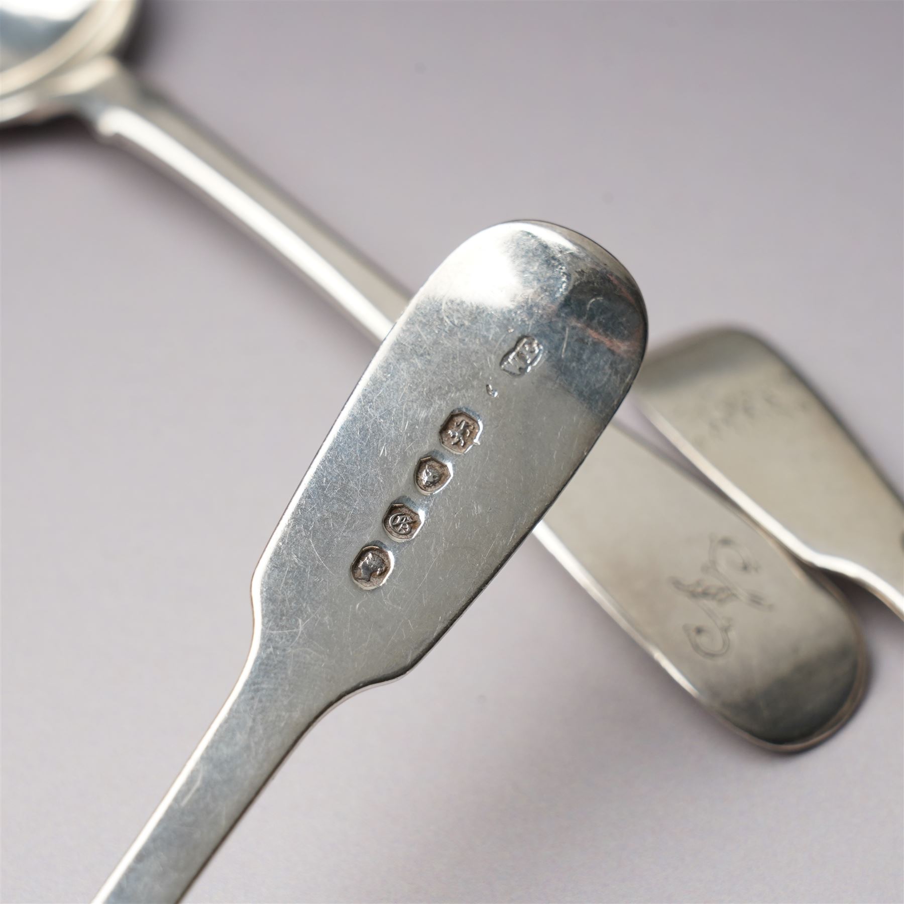 Pair of George III silver sauce ladles London 1799 Maker Richard Crossley, six various George III and Victoria silver dessert spoons, assorted tea spoons etc