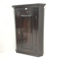 19th century oak corner cupboard, projecting cornice, single door enclosing two shaped shelves