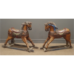  Two Vintage painted carved wooden small merry go round horses, open eyes and mouths with floral painted detail, L99cm, H70cm m(2)  