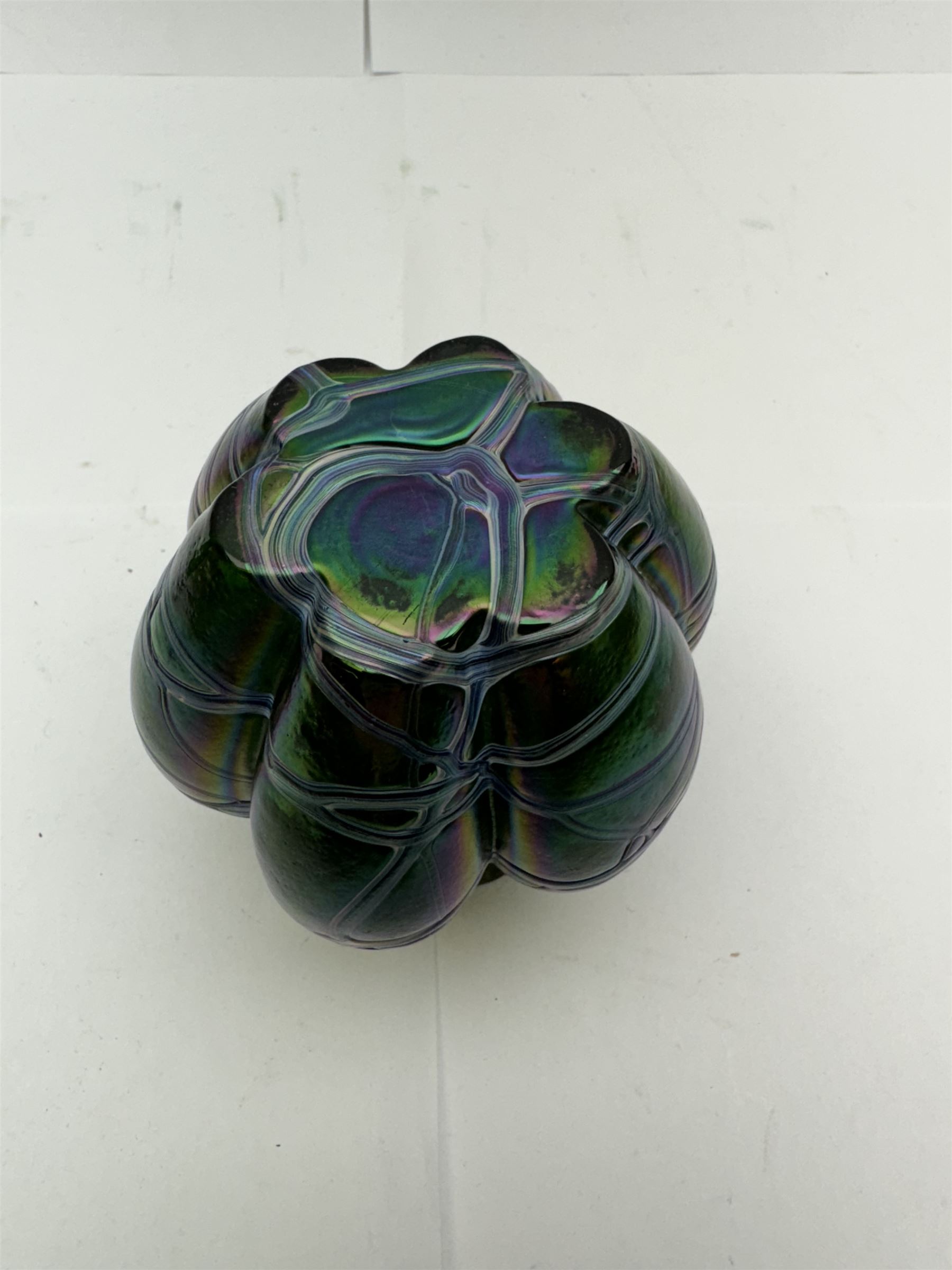 Three Austrian Art Nouveau Kralik iridescent glass vases, to include two of squat baluster form and a taller example, all green with threaded vein decoration to body, tallest H13.5cm