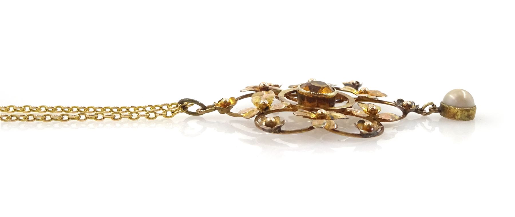 Early 20th century 9ct gold citrine and pearl three leaf clover pendant, on 15ct gold trace link chain necklace