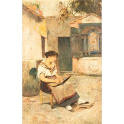 Oliver Rhys (British 1854-1907): Beadwork in a Mediterranean Courtyard, oil on canvas sign...