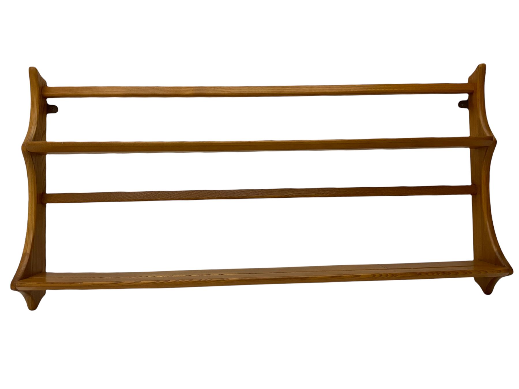 Ercol medium elm two tier wall plate rack, and additional Ercol two tier wall plate rack, with glass shelf and swan detail. 