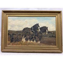 English School (20th century): Heavy Horses Ploughing, oil on board indistinctly signed and dated '72, 47cm x 77cm