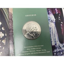 Seven Queen Elizabeth II United Kingdom five pound coins, including 2006 and 2007 in card folders, etc. 