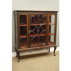  Late Victorian mahogany display cabinet with blind fret decoration enclosed by single astragal glazed door, W115cm, D40cm, H130cm  