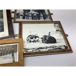 RNLI collection box in the form of a boat makers half block model, painted in the colours of a lifeboat with flag and ship motifs, H25cm, L73cm together with framed photos, postcards and prints of lifeboats and crew, including Scarborough lifeboat station