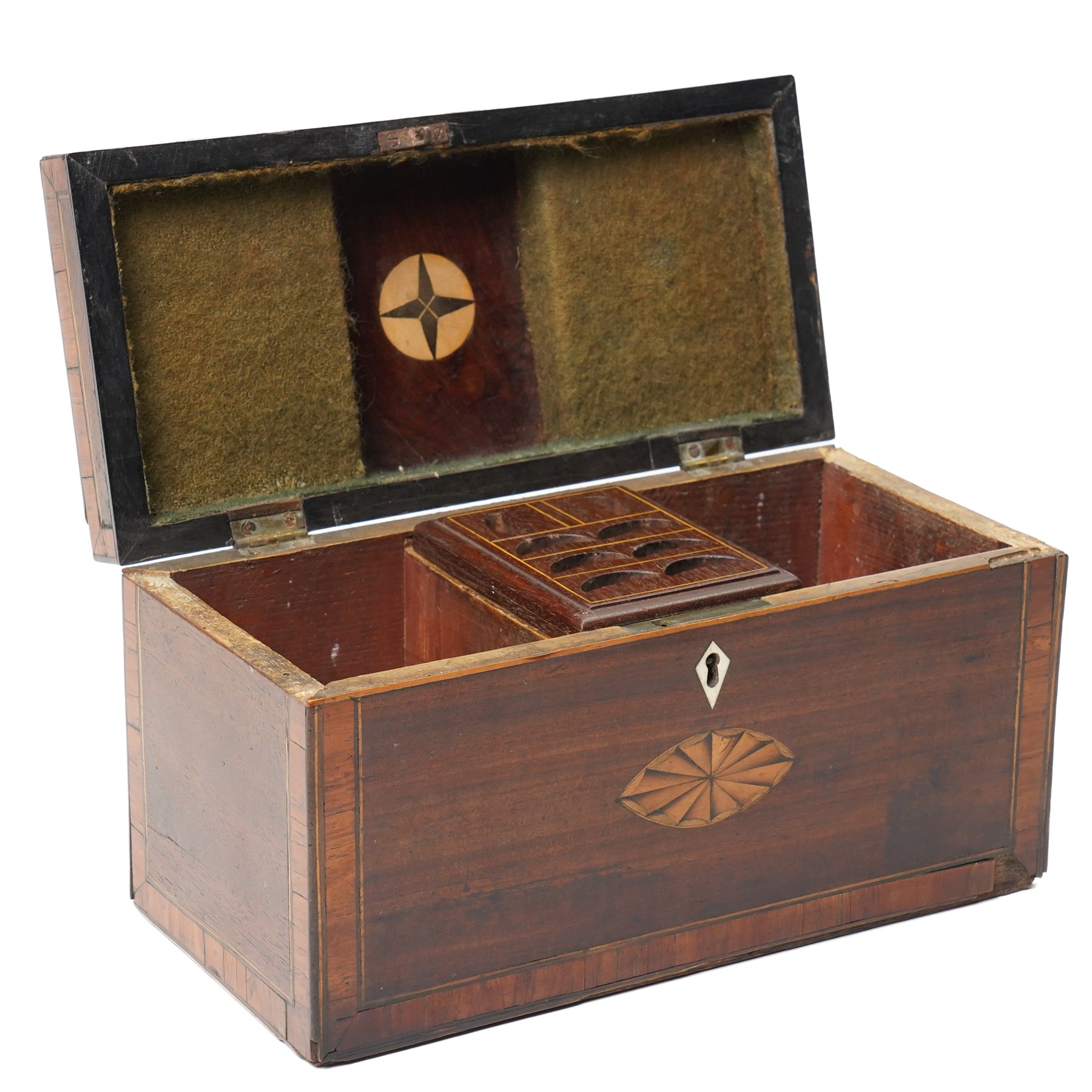 Sheraton design mahogany tea caddy with raised centre section, shell inlay and satinwood cross banding, the interior with two divisions and spoon rack W27cm. 