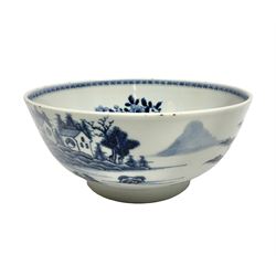  Late 18th century Chinese Export blue and white bowl painted landscape and pagoda scene, D19cm