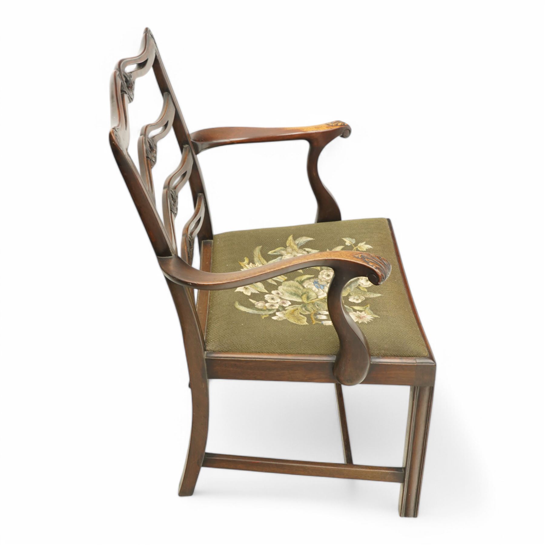 Set of eight (6+2) early 20th century Chippendale design mahogany dining chairs, waved and pierced ladder back carved with shells and curled leaves, moulded upright rails, dished seats with upholstered drop-in seat cushions, on square moulded supports united by plain stretchers 