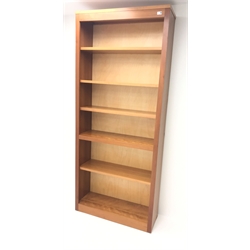  Cherry wood open bookcase, four adjustable shelves, plinth base, W92cm, H215cm, D31cm  