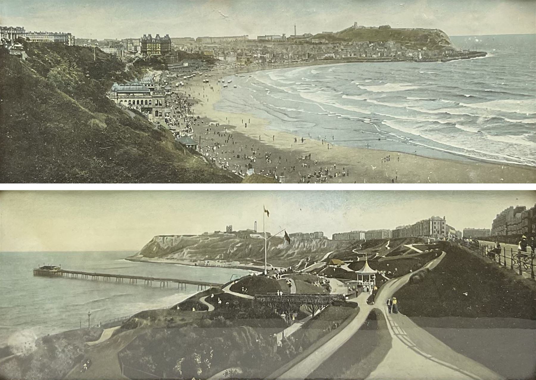 Scarborough North and South Bays, pair Edwardian chromolithographs, depicting a view of the North Bay Pier, 14cm x 40cm 
Notes: the Pier was a short lived feature in Scarborough's history; it first opened to the public on 1st May 1869 but was almost totally wrecked in the gales of January 1905.