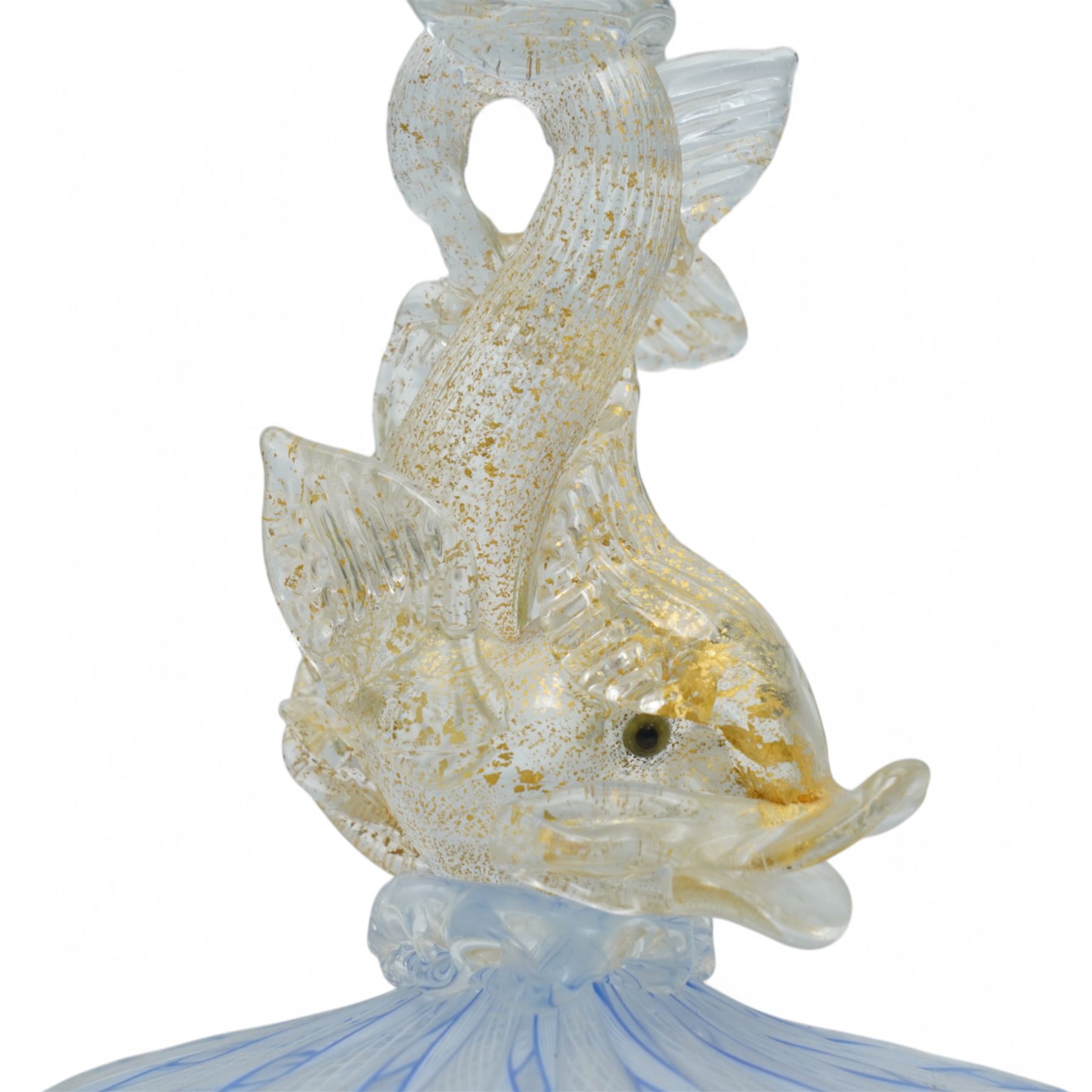 Venetian Murano blue and white glass latticino zanfirico closely matched trio, the flanking vases with stems formed as dolphins, compote vase H21.5cm (3)