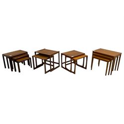1970s nest of three teak and afromosia occasional tables (W58cm, H42cm, D37cm); 1970s nest of two teak tables; 1970s nest of two teak tables; 1970s nest of three teak tables 