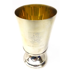  Pair of silver Ripon Cathedral souvenir goblets by Barker Ellis Birmingham 1971, approx 9.5oz with silver mounted coasters ltd ed 9/1300 cased  