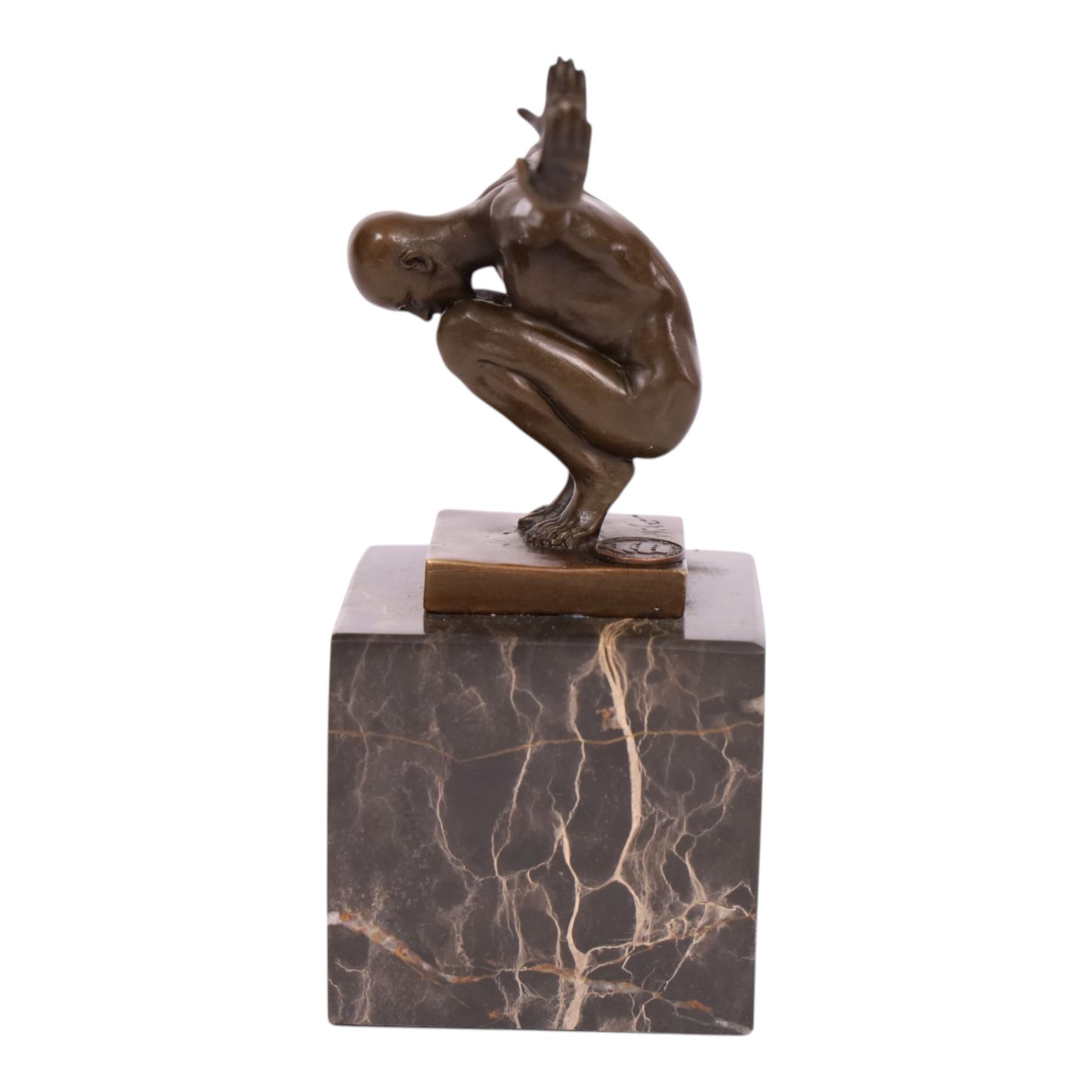 After Milo - bronze figure of a diver, upon a two tone marble base, bearing signature and foundry mark, overall 15cm