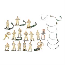 1940s Tulltoy by Phillip Segal Toys 'Real Cricket in Miniature' circa 1947, includes thirteen lead cricketers, six with red hats and seven with blue, two umpires, two sets of wickets, one metal ball, felt cricket pitch with white stitching and metal batting and bowling fixtures, contained within original box