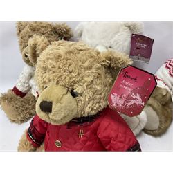 Six Harrods annual teddy bears, dating between 2011 and 2016, tallest H38cm