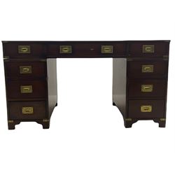 Bevan Funnell Reprodux - Military style mahogany twin pedestal desk, rectangular top with leather inset, fitted with eight drawers, on bracket feet