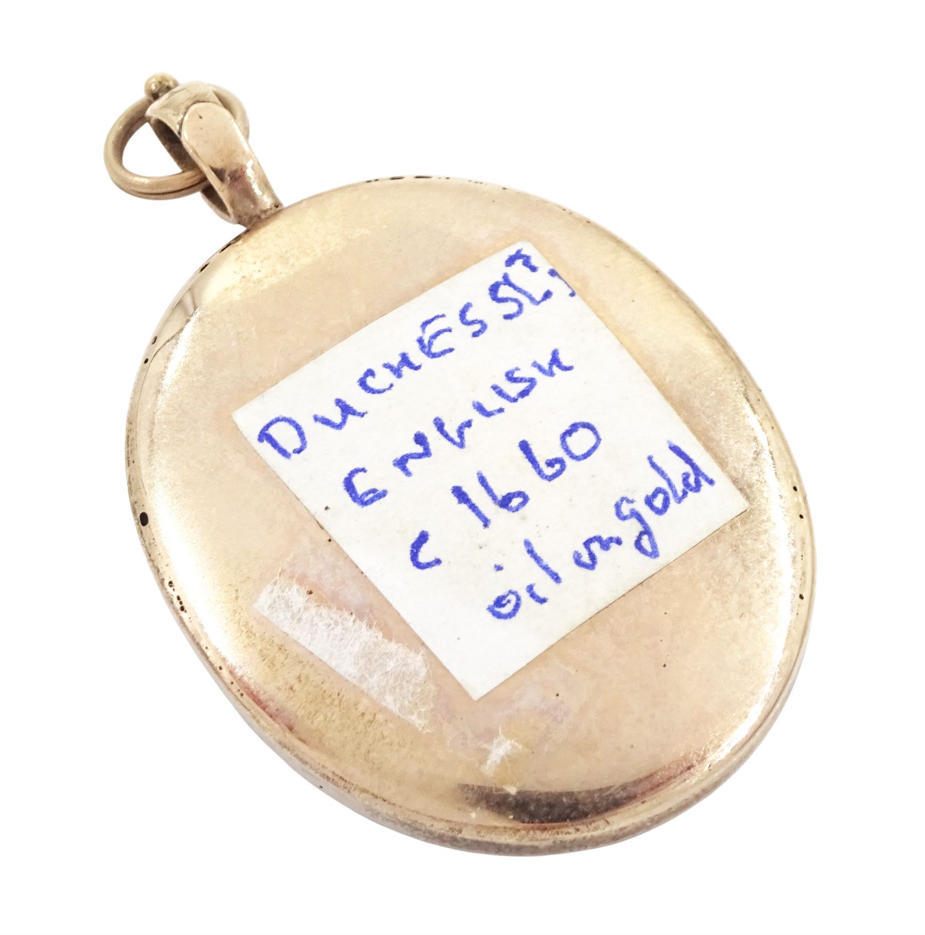 English School (17th century): Portrait miniature of a woman in a lace trimmed and pearl necklace, oil on copper, within an oval metal frame