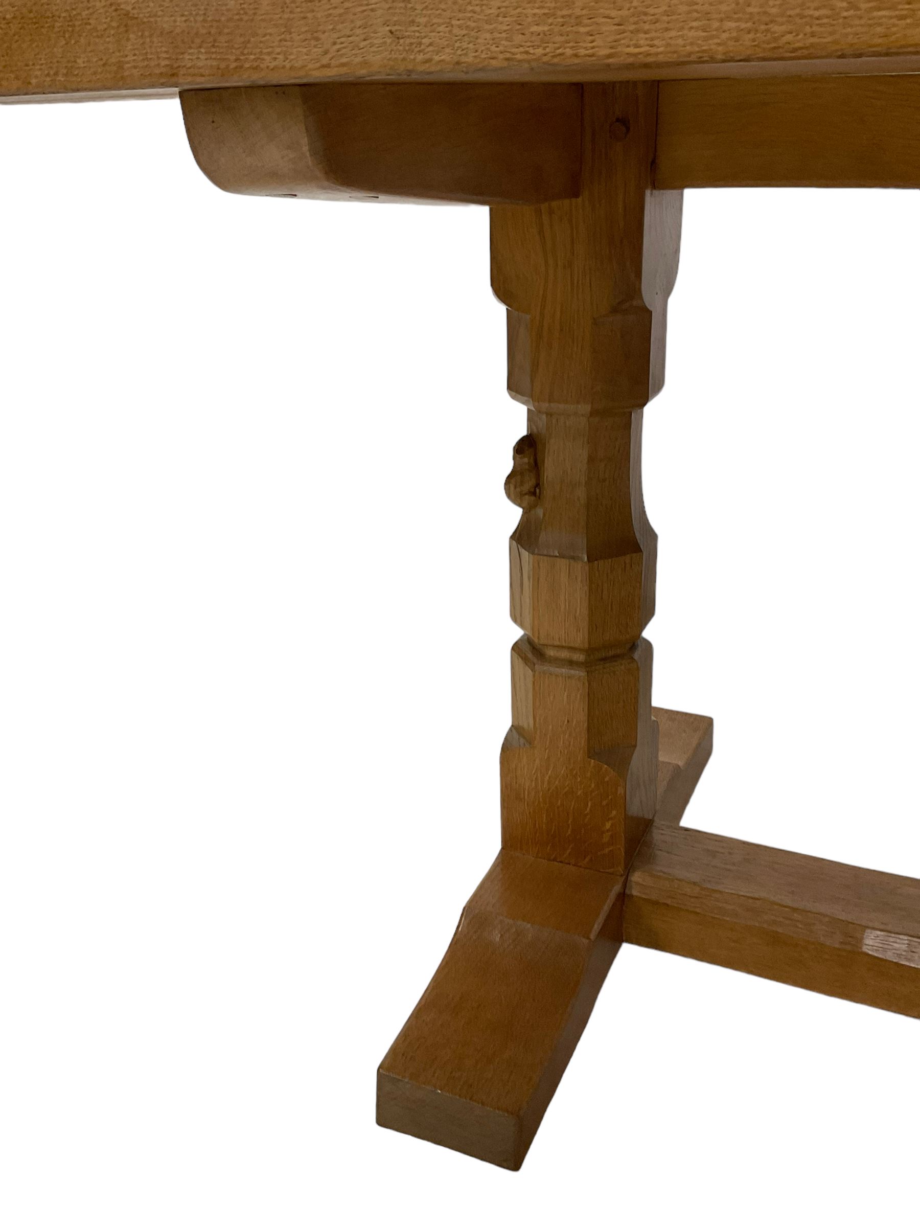 Mouseman - oak 6' refectory dining table, rectangular adzed and pegged top, two octagonal pillar supports on sledge feet joined by floor stretcher,  carved with mouse signature, by the workshop of Robert Thompson, Kilburn
