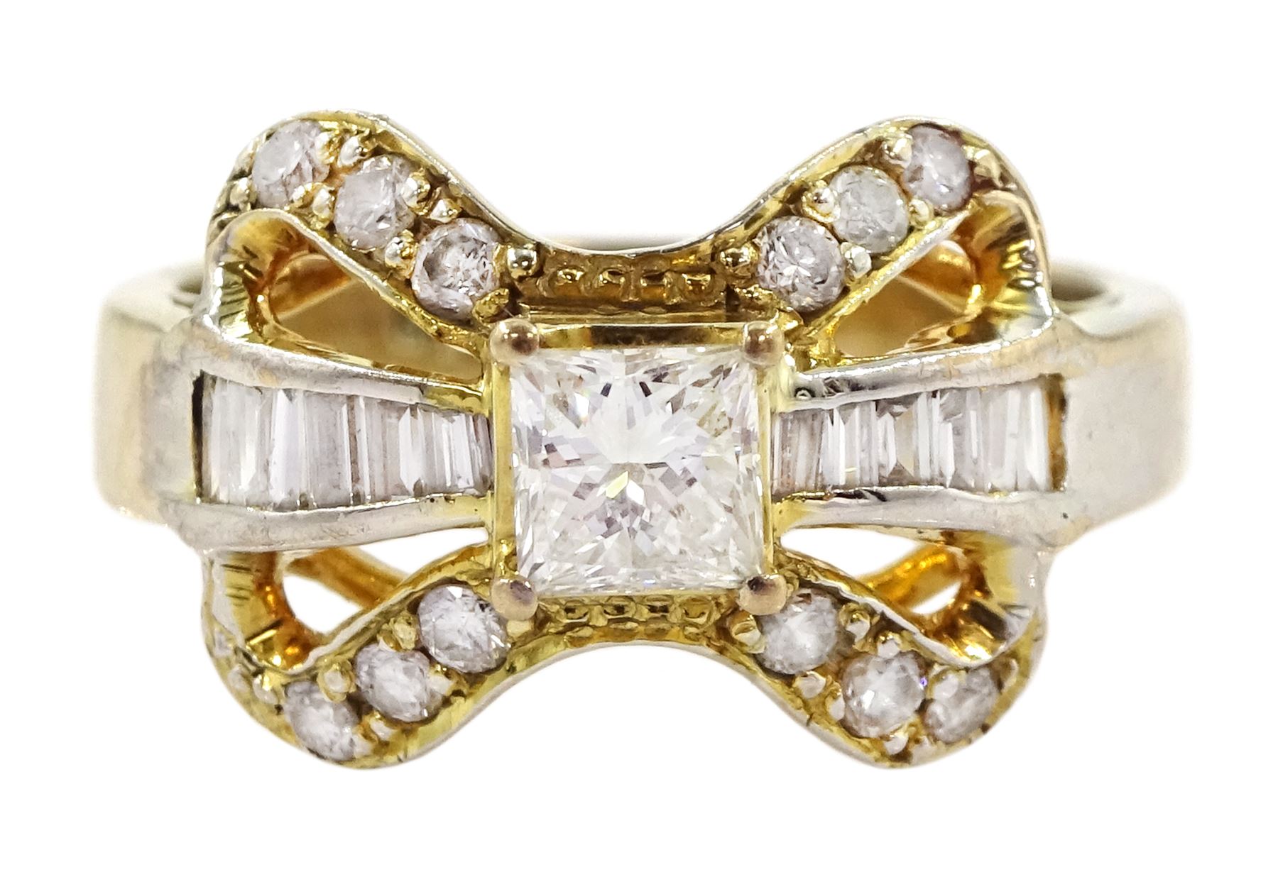 14ct gold diamond bow ring, the central princess cut diamond of approx 0.30 carat, with baguette and round brilliant cut diamond surround, stamped 585