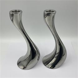 Pair of Georg Jensen chrome 'Cobra' candlesticks, with stamped maker's mark to base, H20cm