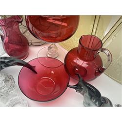 Pair of V Nason & Co murano glass dolphins together with to other glass figures and cranberry glass and lampshades  