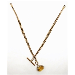  Rose gold Albert watch chain, with T bar and two clips, stamped 9.375 and gold mounted citrine fob 67.6gm gross  
