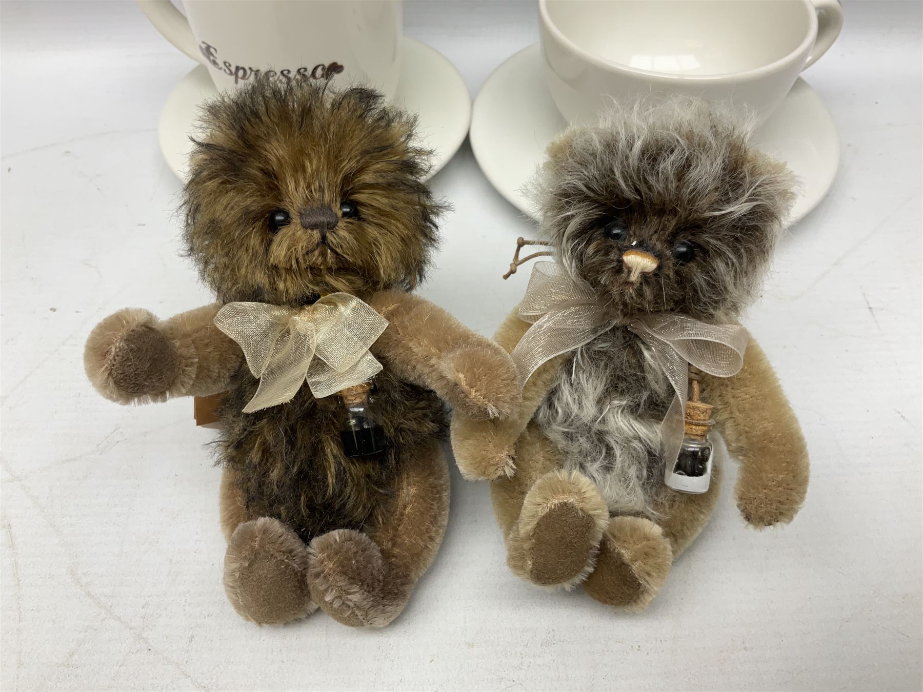 Charlie Bears - limited edition Minimo Collection 'Cappuccino' No.184/1000 and 'Espresso' No.21/1000; each with labels and complete with purpose made ceramic cups and saucers; Bearhouse emu; and Alpaca Collection teddy bear No.5800S (4)