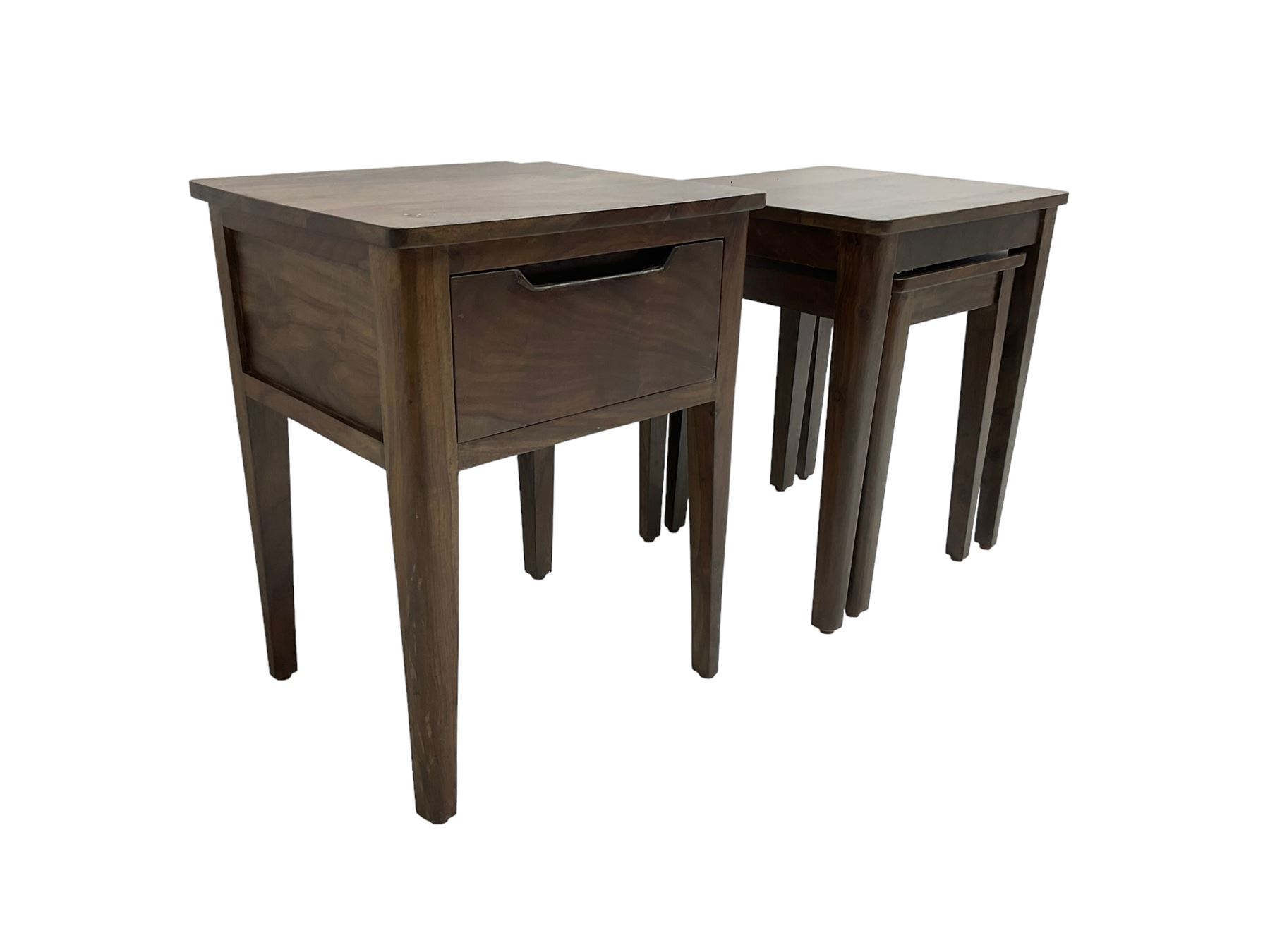 Hardwood side table, fitted with single drawer (W45cm D40cm H60); and matching nest of two tables (W46cm D43cm H55cm)