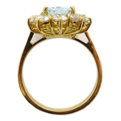  18ct gold aquamarine and diamond cluster ring, hallmarked, aquamarine approx 1.9 carat, diamonds approx 1.5 carat  