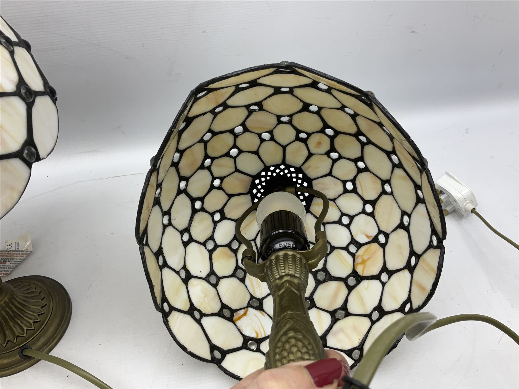 Pair of Tiffany style table lamps with leaded shades, H38cm