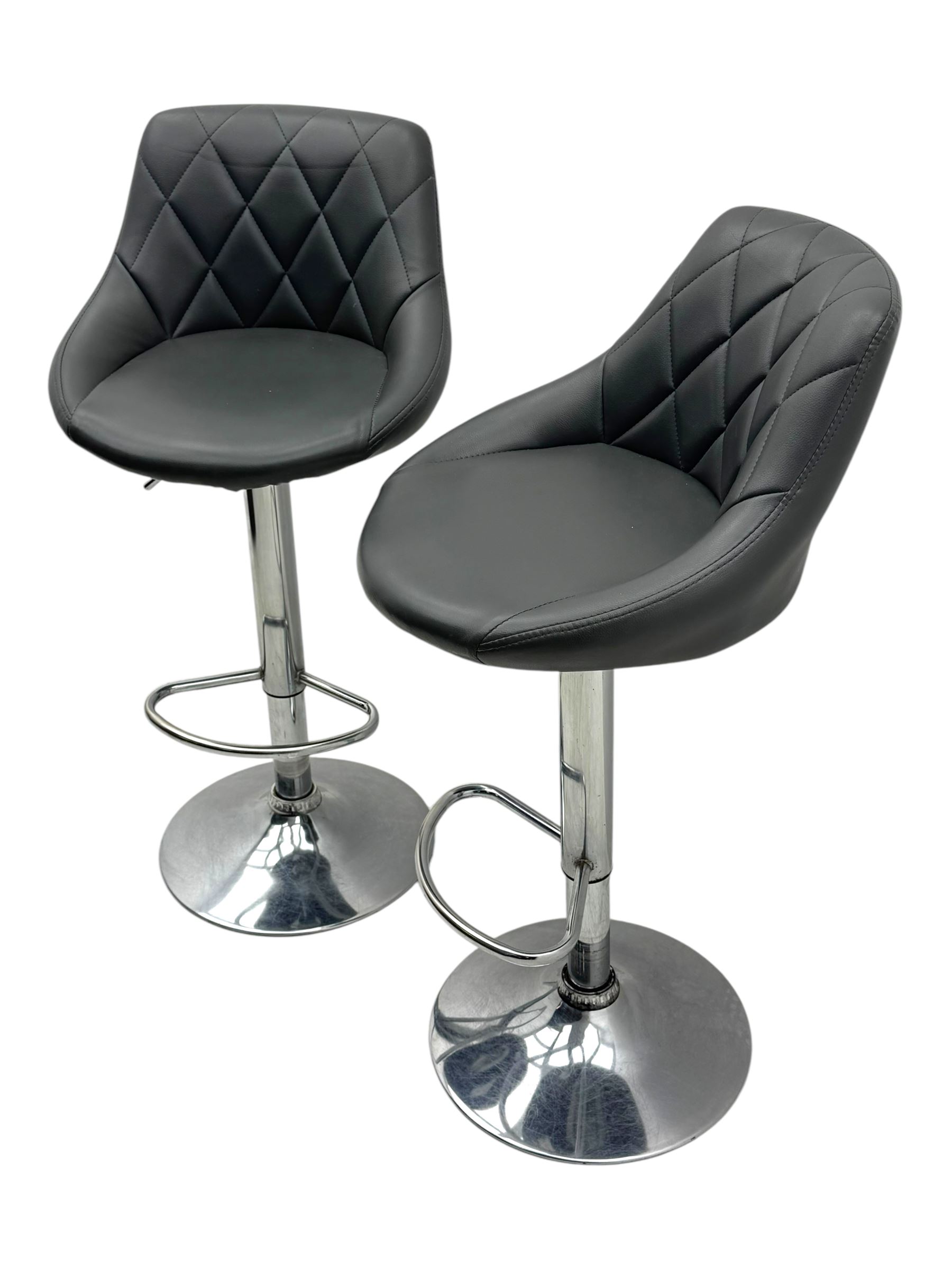 Pair of contemporary adjustable ‘Woltu’ bar stools, diamond-quilted grey faux leather seats with low backs, chrome bases with footrests and hydraulic height adjustment mechanism