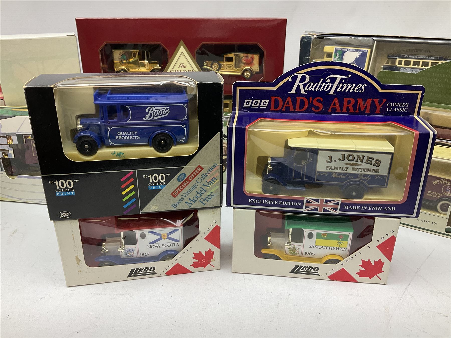 Collection of Diecast model vehicles, including Lledo The Golden Days of the Film Industry limited edition set, Lledo H Samuel boxed vehicle, and other similar examples 