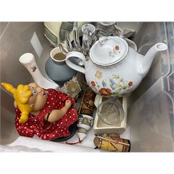 Quantity of assorted figures, ceramics to include Sylvac examples, glassware, decorative collectables, clocks, lustre tea wares etc in four boxes
