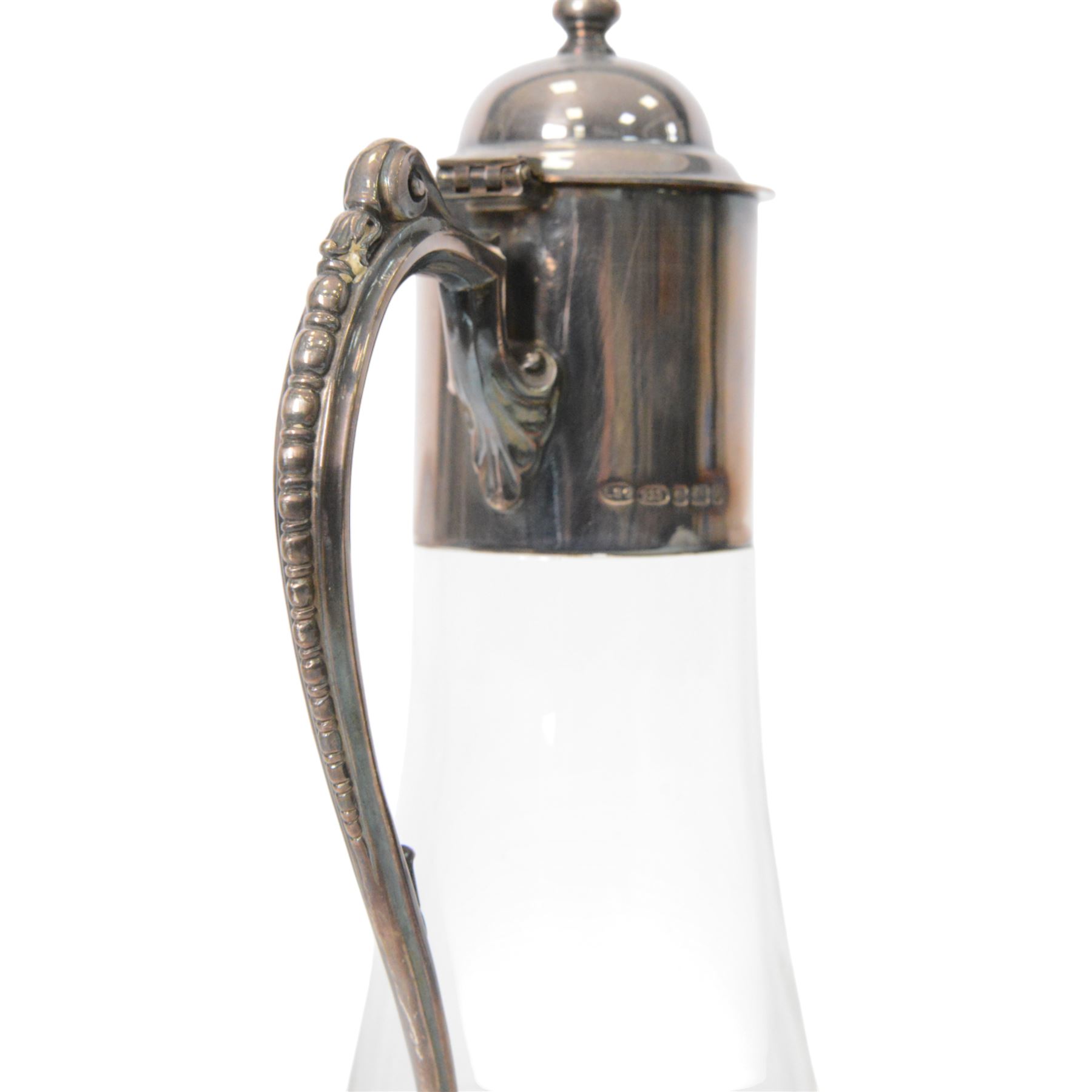 Silver mounted glass claret jug, with etched personalisation to body, hallmarked, H30cm