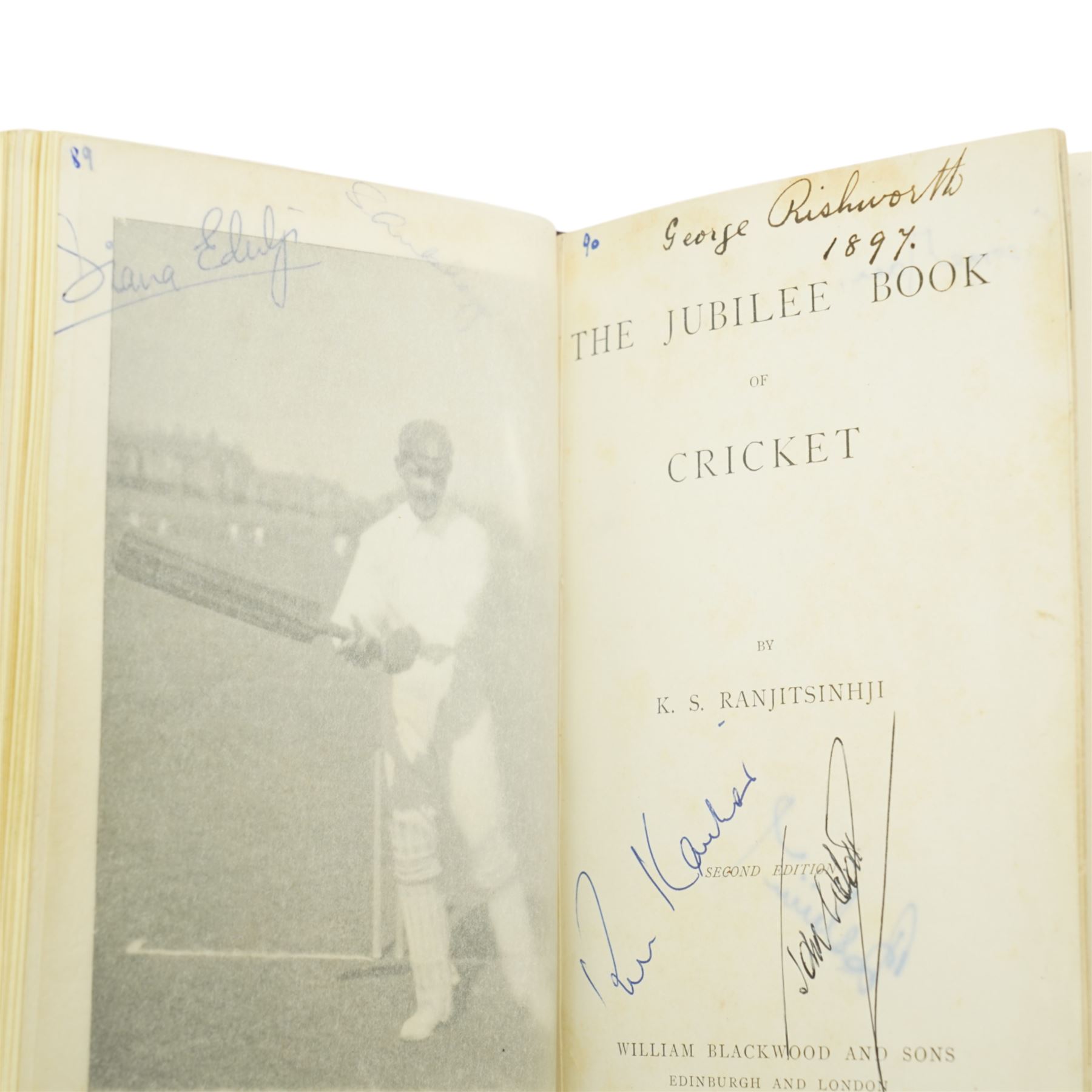 K S Ranjitsinhi - Jubilee Book of Cricket 1897, rebound in full calf and incorporating approximately 250 autographs of international cricketers, collected, compiled and presented by John E Harrison, all edges gilt together with a folder of correspondence, birthday card from Don Bradman, cuttings and autographs etc and a small album of photographs and correspondence