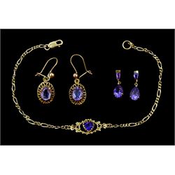  Gold heart shaped amethyst bracelet and two pairs of gold amethyst pendant stud earrings, all 9ct