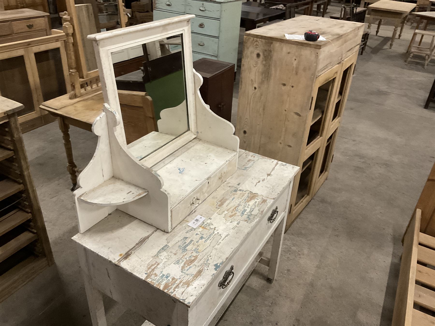 19th century rustic painted pine dressing table, raised swing mirror back over trinket drawer, base with single drawer over undertier, in white finish - THIS LOT IS TO BE COLLECTED BY APPOINTMENT FROM THE OLD BUFFER DEPOT, MELBOURNE PLACE, SOWERBY, THIRSK, YO7 1QY