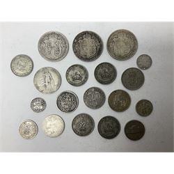 Three King George V silver halfcrown coins dated 1916, 1917, 1919, King Edward VII and Queen Victoria pre 1920 silver coins and other coinage
