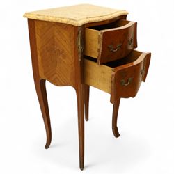 Pair of Louis XV style kingwood and marquetry bedside cabinets, the serpentine sienna marble top above two bombe fronted drawers with rococo style bronze handles and masks on slender cabriole legs terminating in bronze sabots  